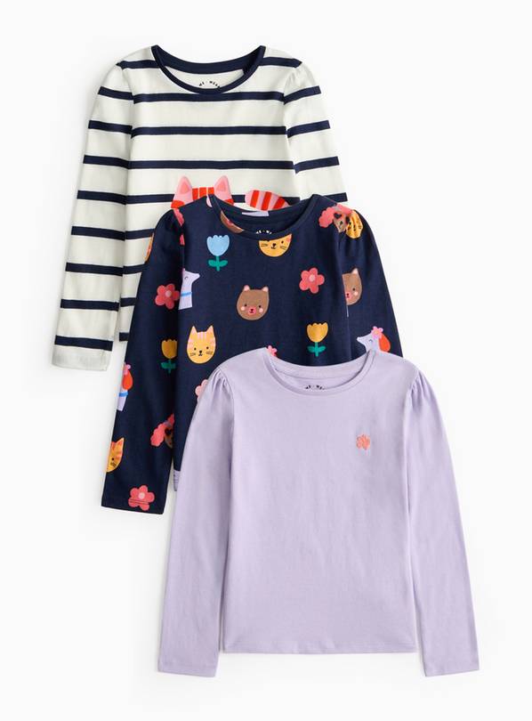 Cat Print & Stripe Long Sleeve T-Shirt 3 Pack 2-3 years